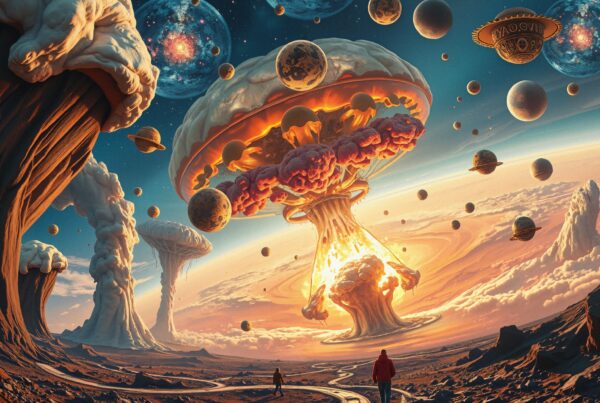 Surreal landscape with cosmic scenery.