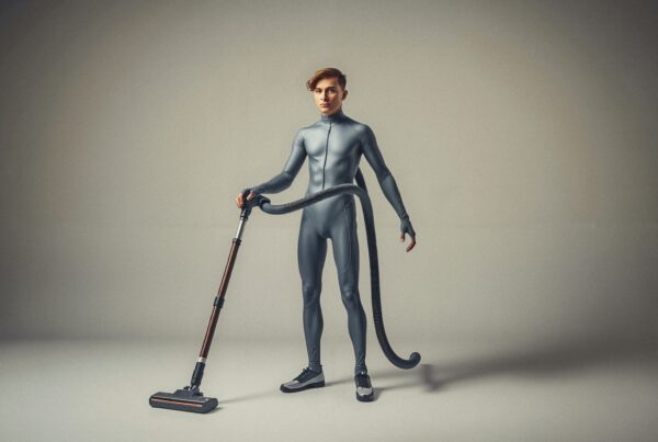 Person in futuristic bodysuit holding a modern vacuum cleaner in a minimalistic setting.