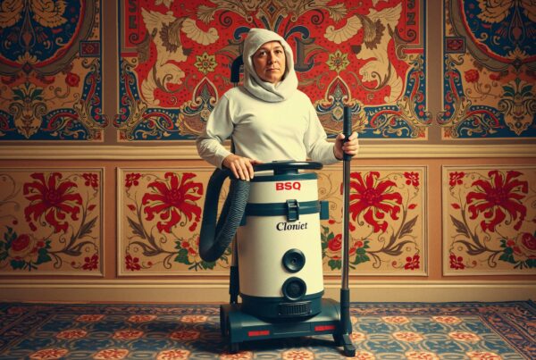 A person with a vacuum, standing in an intricately decorated room with vibrant walls and patterns.