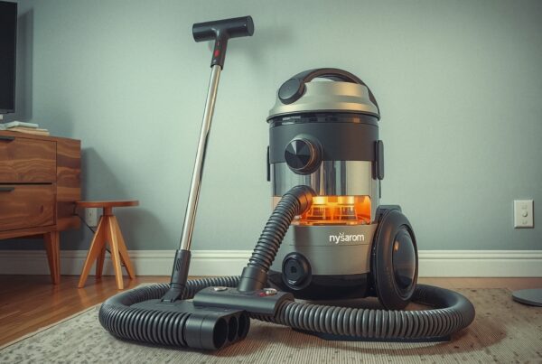 Modern vacuum cleaner with glowing light in stylish home setting.