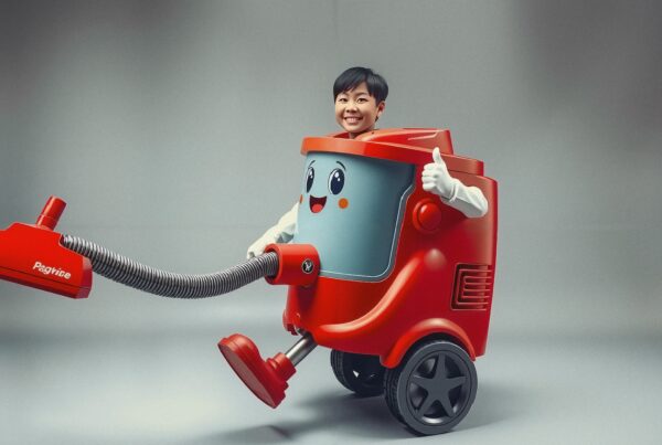 Person in bright red vacuum cleaner costume, smiling with thumbs-up.