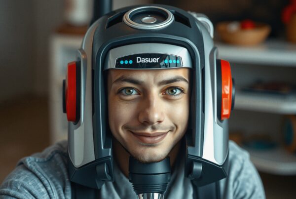 Person wearing futuristic headset smiling.