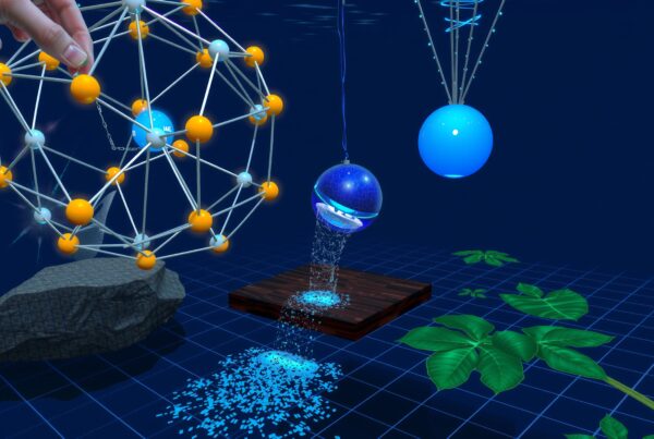 Futuristic geometric network with digital elements.