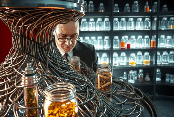 Elderly scientist examines complex wire setup.