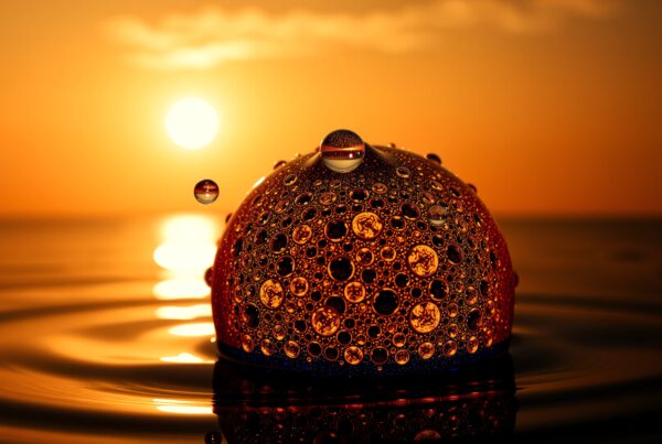Spherical object with droplets reflecting sunset over rippling water.