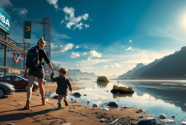 A mother and child walking beside a lake with mountains and a large sign under a bright sun.