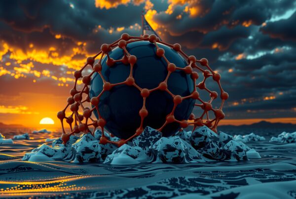 A dark sphere with a vibrant orange molecular structure sits on icy water under a dramatic sunset sky.