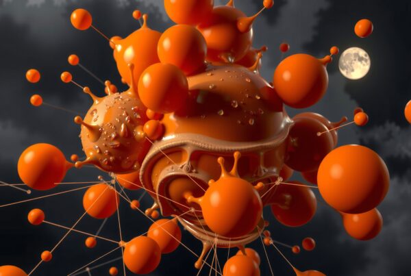 Orange spheres interconnected in the moonlit 3D abstract scene.