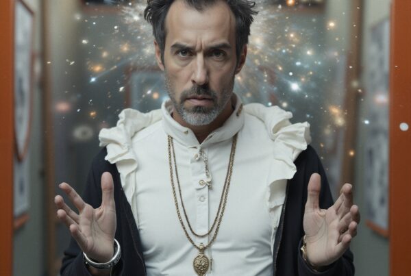 A man with a burst of light behind him in a dramatic hallway setting.