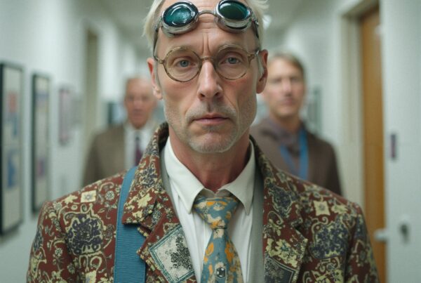 Man with quirky style in office corridor wearing glasses and goggles.