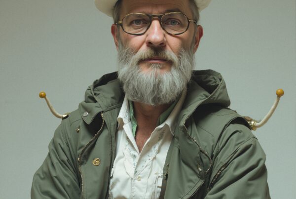 Portrait of bearded man with hat and unique handles in green jacket.