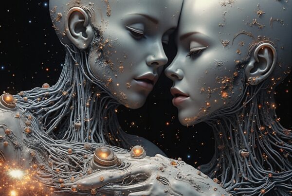 Futuristic humanoid figures with cosmic details.