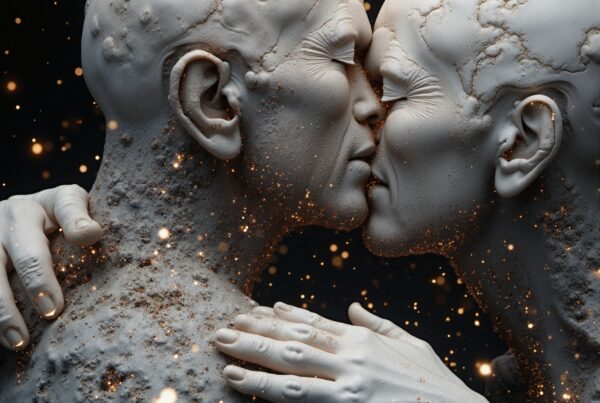 An ethereal sculpture of two figures kissing, surrounded by glowing speckles against a dark background.