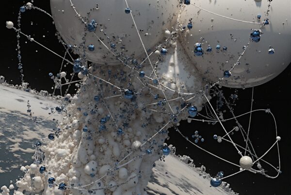 Celestial spheres and orbs interconnected by strings in cosmic space.