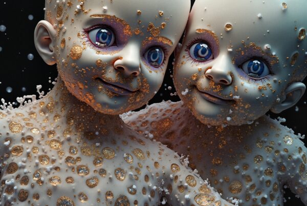 Surreal twin figures with intricate gold patterning and bright blue eyes against a dark background.