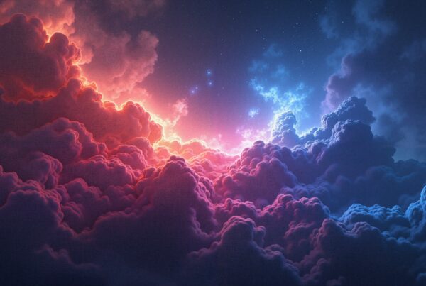 Vibrant sunset and clouds with stars in sky.