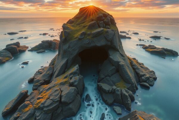 Scenic sunset over ocean rock formation.