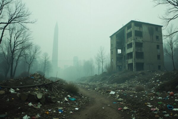 Foggy landscape with abandoned building and debris.