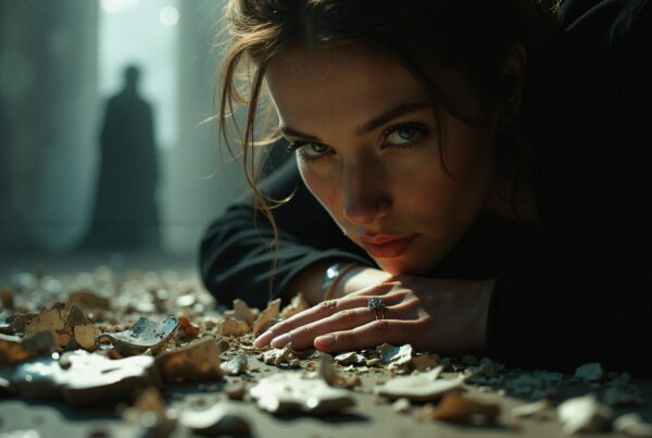 A mysterious woman lying on a scattered floor with broken ceramics and a shadowy figure in the background.