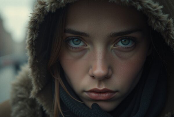 Close-up portrait of a person with striking blue eyes wearing a hooded coat with fur trim, against a blurred urban background.