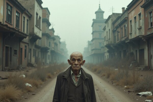 An elderly man stands on a foggy, deserted street lined with aged buildings, conveying desolation.