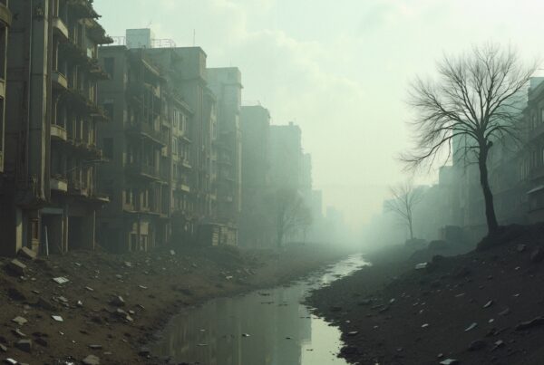 Eerie urban scene with fog, abandoned buildings, desolate riverbed, and leafless trees.