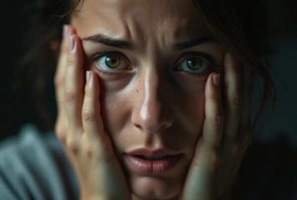 Close-up of a person's anxious face displaying intense emotion.