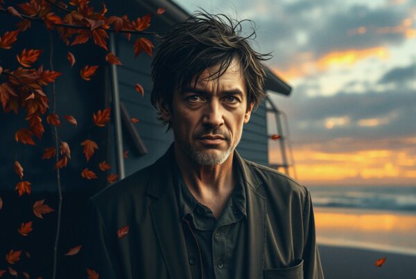 A man stands before a beachside sunset, red leaves swirling around, creating a serene autumn scene.