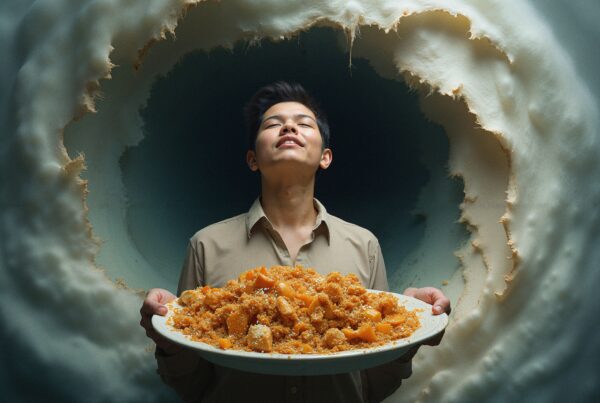 A person holding a platter of orange food stands in front of a dramatic, textured cosmic-like background, appearing serene and content.