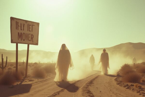 Mystical figures walk through a sunlit desert landscape with shadows and swirling dust.
