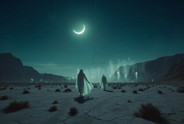 Two figures in a mystical desert under a crescent moon.