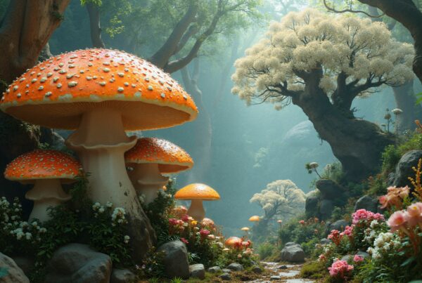 A magical forest with large colorful mushrooms and enchanting sunlight.