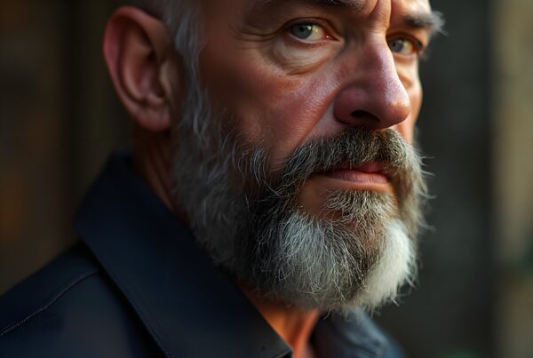 Portrait of a mature man with a contemplative expression, graying beard, and intense gaze, captured in soft natural light outdoors.