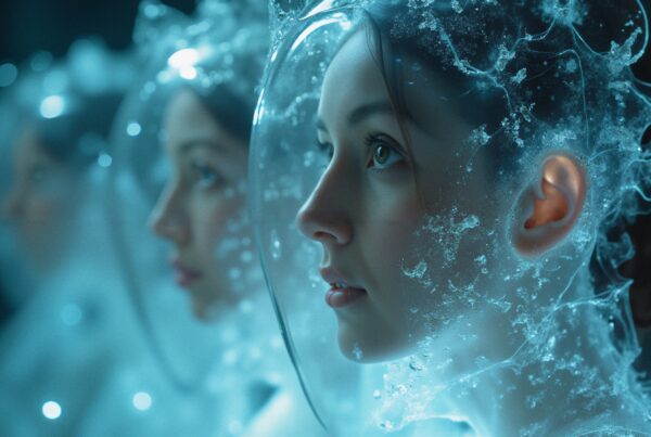 Three women with ethereal ice-like headpieces.