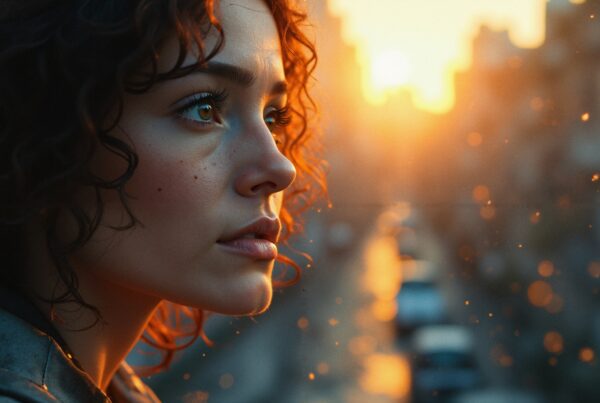 A young woman gazes into the sunset, her face illuminated by golden light, with a cityscape in the background.