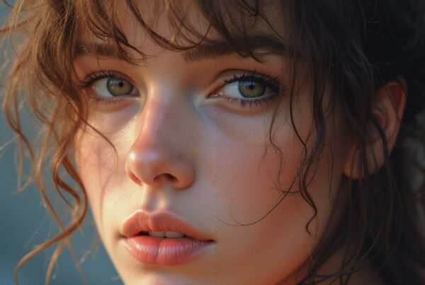 Close-up of a woman with stunning green eyes and wavy brunette hair, captured in warm natural light.