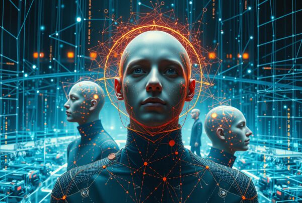 "Futuristic humanoid robot with glowing orange geometric halo and intricate circuitry in a high-tech digital environment."