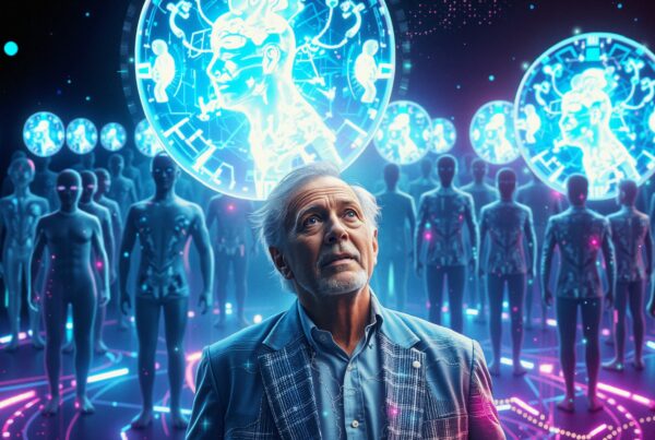 A futuristic scene of a thoughtful man surrounded by glowing holograms and humanoid figures, highlighting themes of technology and AI.