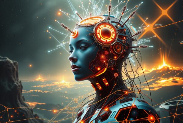 Futuristic humanoid robot with glowing circuits in a cosmic landscape.