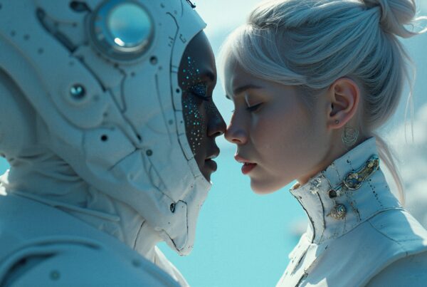 A futuristic scene of intimacy between a human and a robot, showcasing their connection against a sky-like digital backdrop.