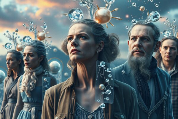A group of people wearing elaborate headpieces stand united under a dramatic sky, evoking a sense of fantasy and purpose.
