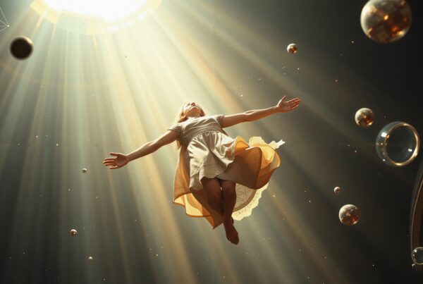 A young girl floats ethereally in a radiant beam of light surrounded by shimmering spheres, creating a serene, dreamlike scene.