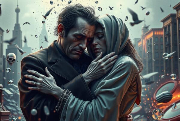 A couple embraces amidst floating objects and birds in a mystical urban scene.