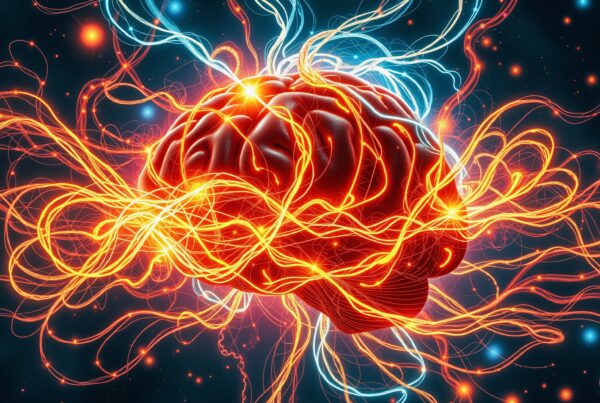 Vibrant digital illustration of a brain with glowing neural networks on a dark starry background.