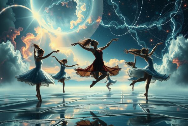 Five dancers leap amid cosmic scenes, their reflections captured on a smooth, mirrored surface below a starry sky.