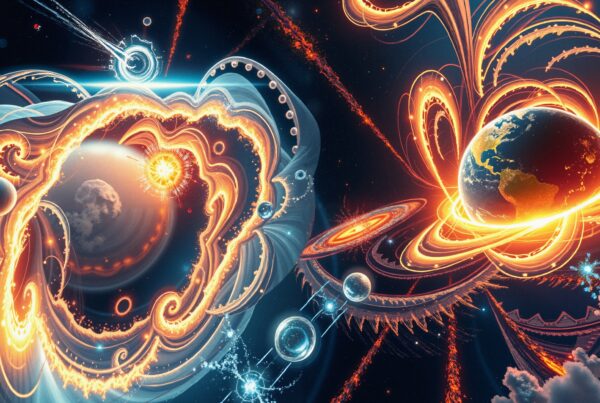 Vibrant cosmic energy surrounding illuminated Earth.