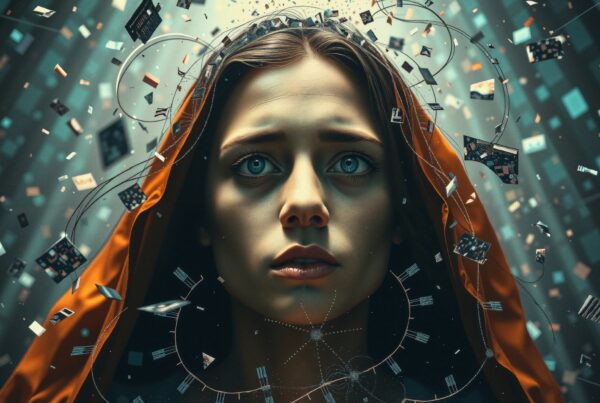 A futuristic image of a woman in an orange cloak with digital symbols.