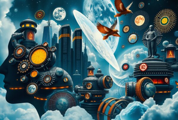 Surreal futuristic cityscape blending technology and nature.