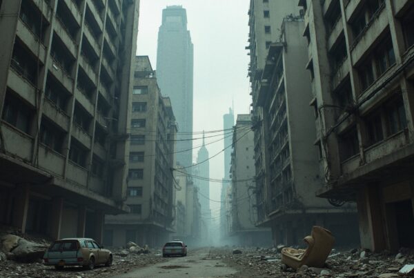 Abandoned urban street with dilapidated buildings and misty skyline.