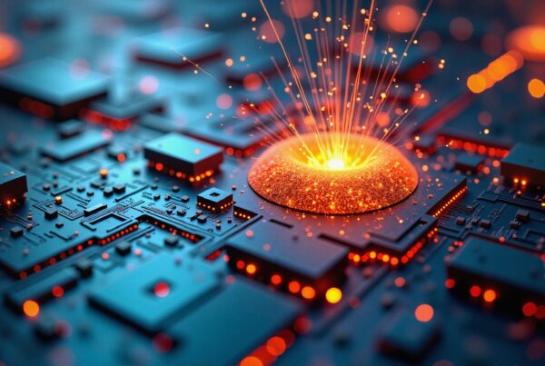 A glowing circuit board with sparks.